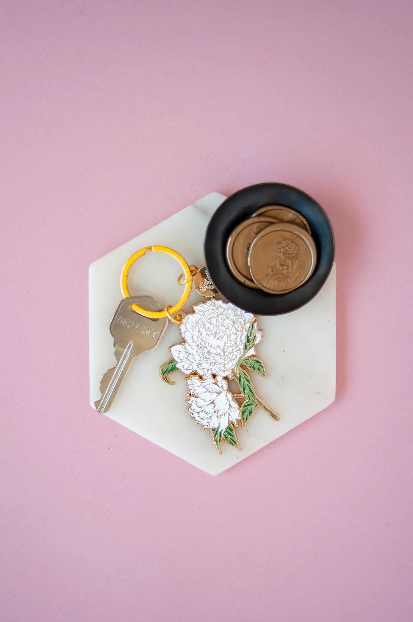 White Peonies Gold Enamel Key Chain