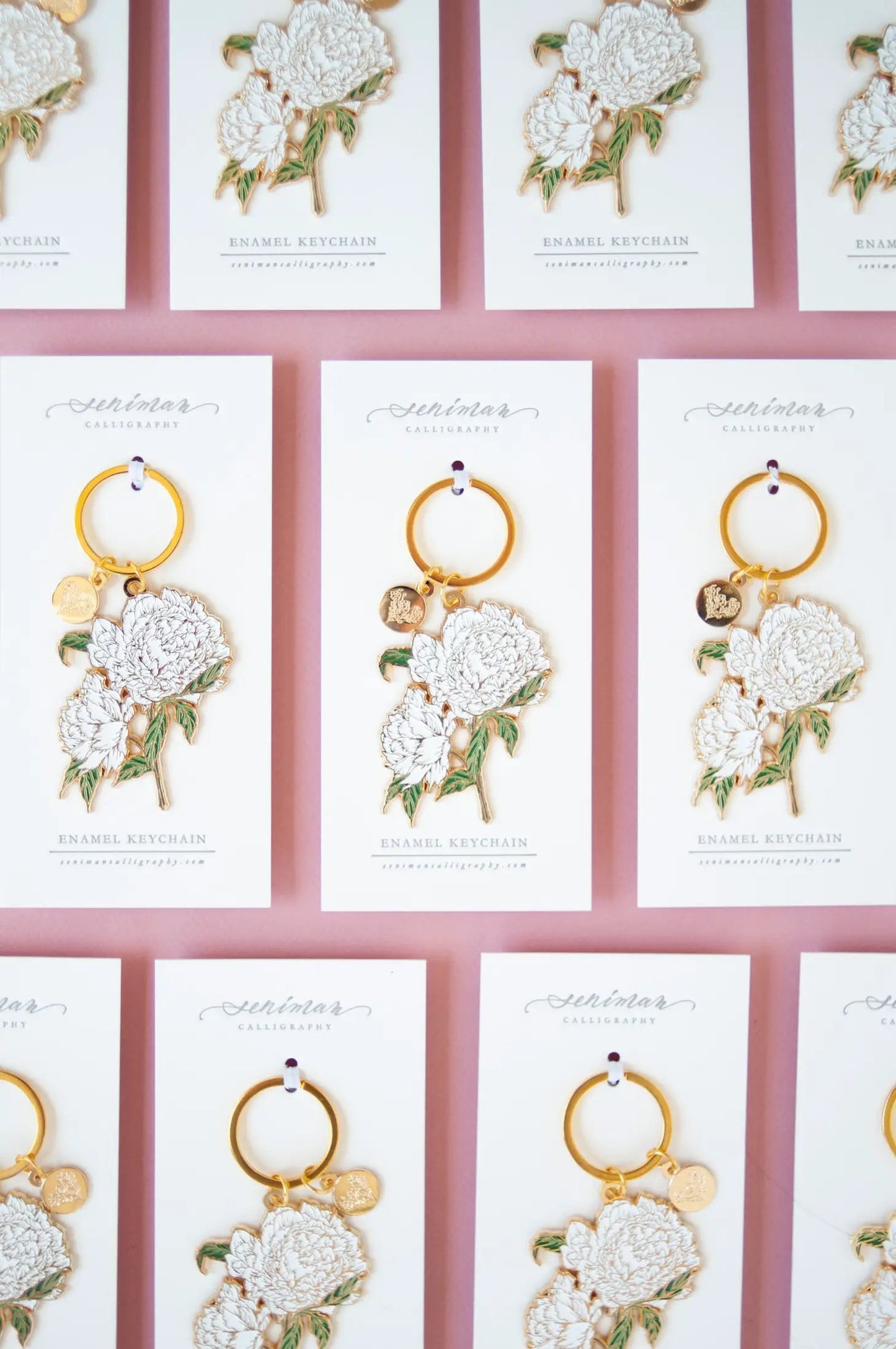 White Peonies Gold Enamel Key Chain