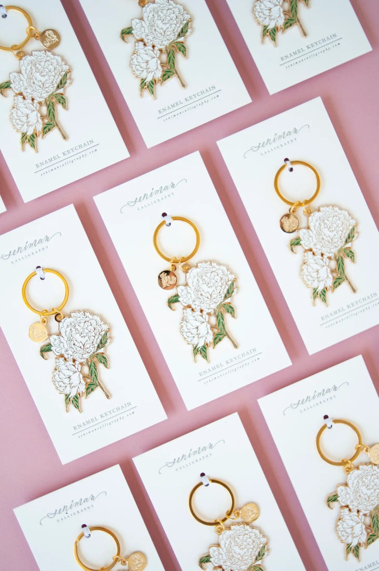 White Peonies Gold Enamel Key Chain