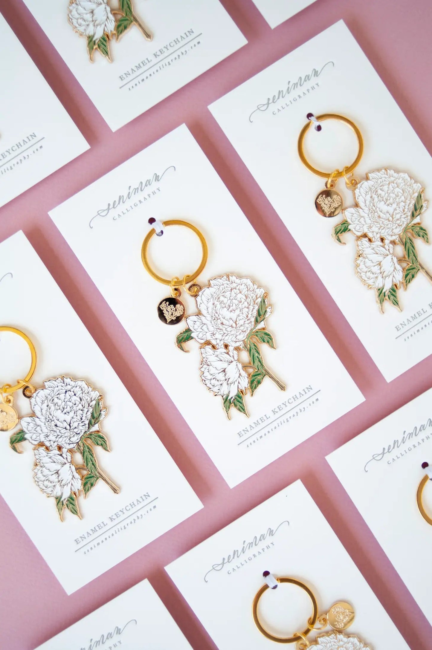White Peonies Gold Enamel Key Chain