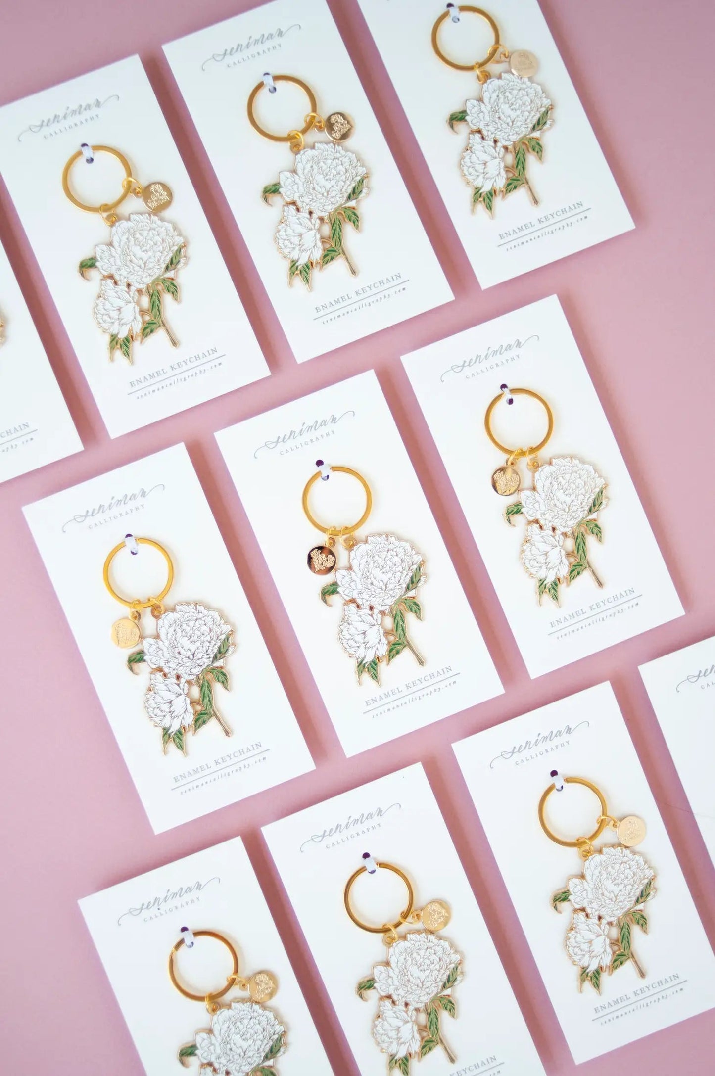 White Peonies Gold Enamel Key Chain