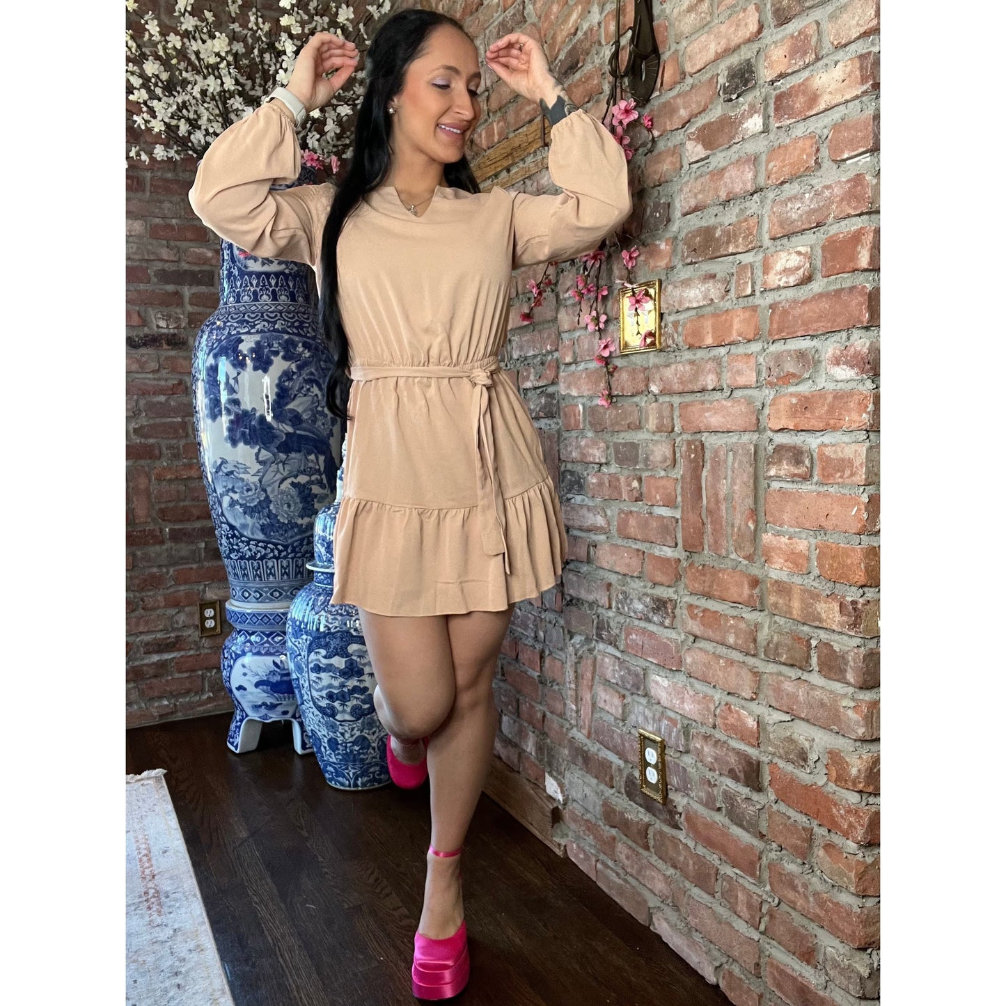 Long Sleeve Nude Mini Dress