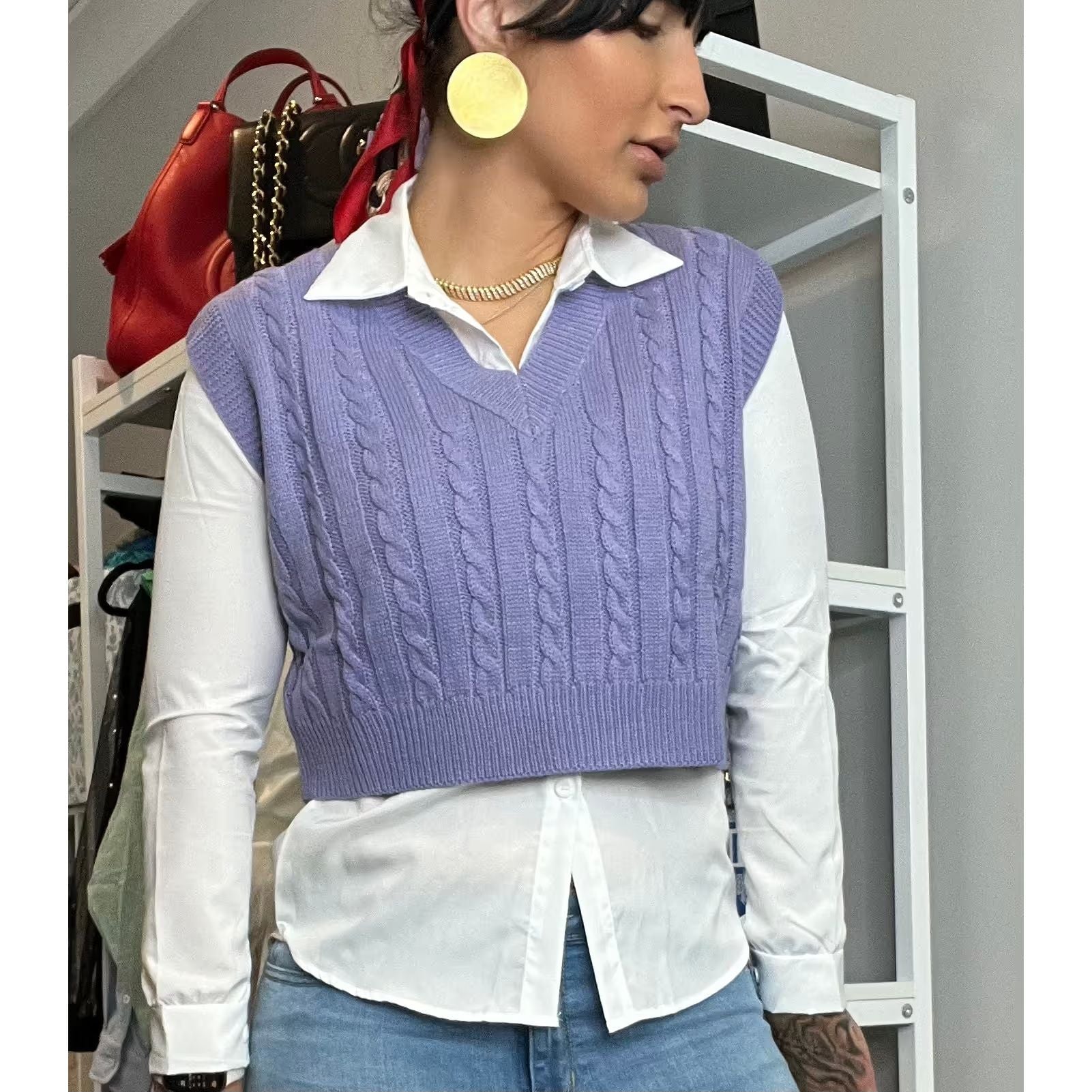 Lilac Cable Knit V-Neck Sweater Vest - Main Image