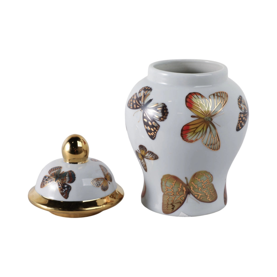 Decorative Jar- White/Black Ceramic Tall Butterflies, 8 in.