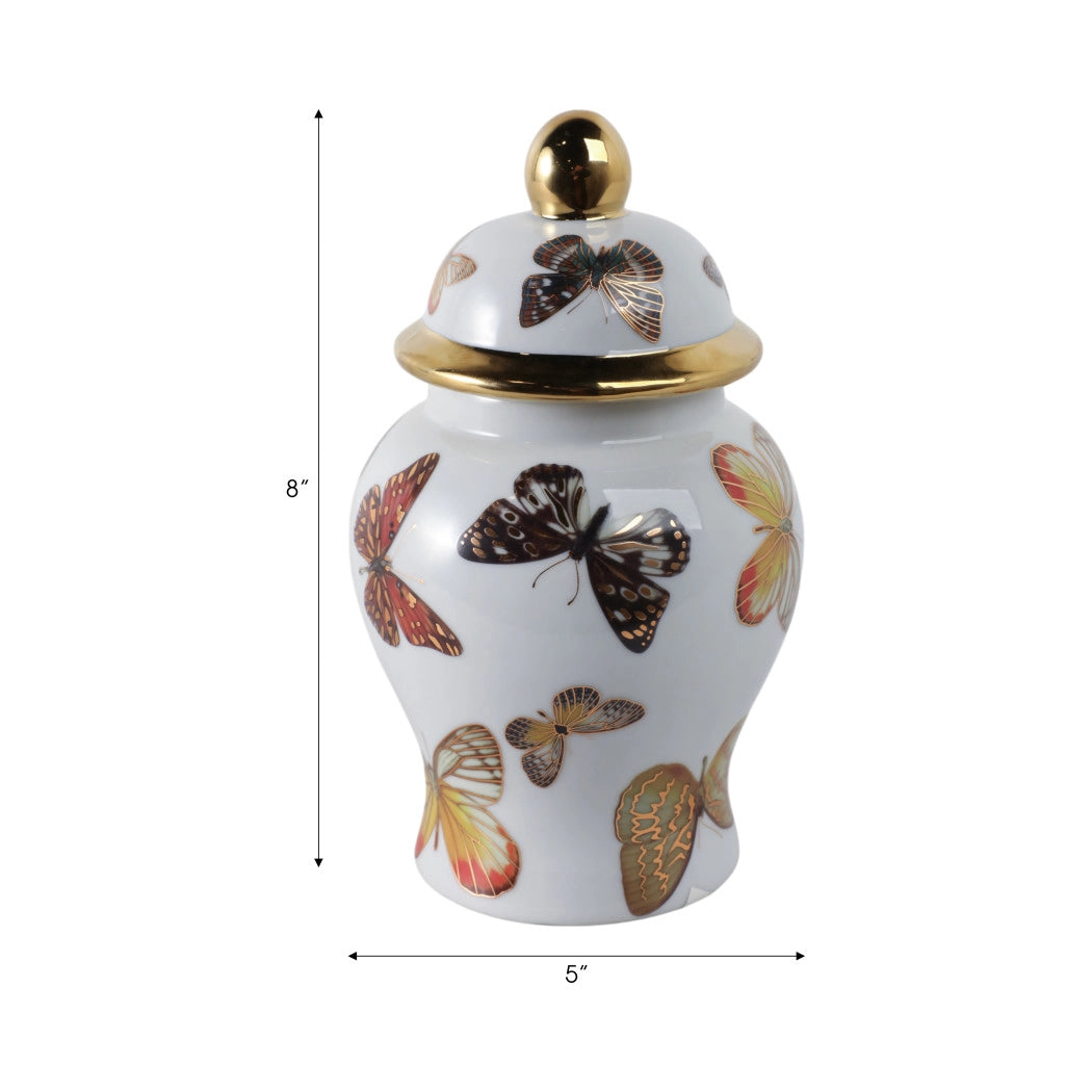 Decorative Jar- White/Black Ceramic Tall Butterflies, 8 in.