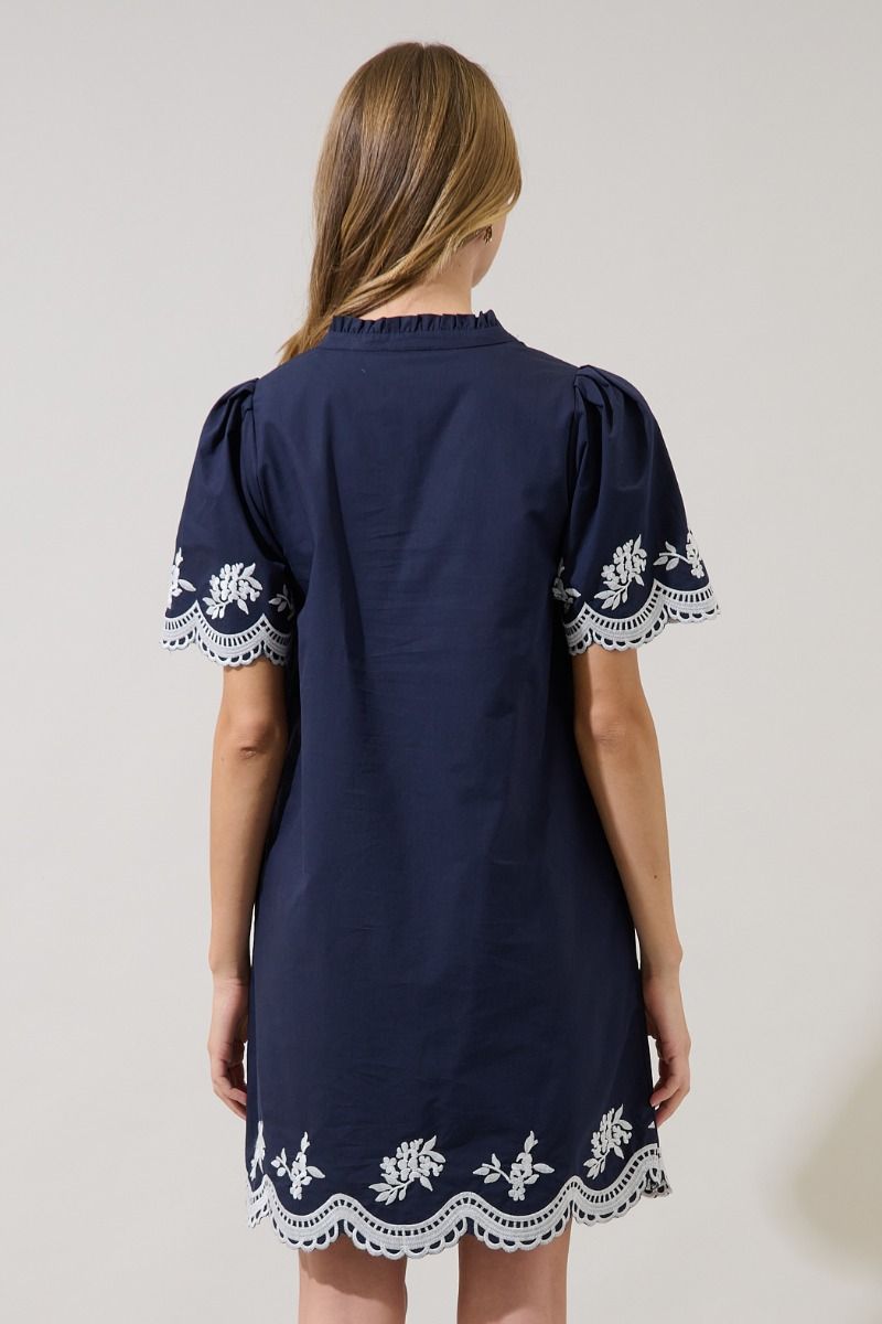 Navy Embroidered Shift Mini Dress