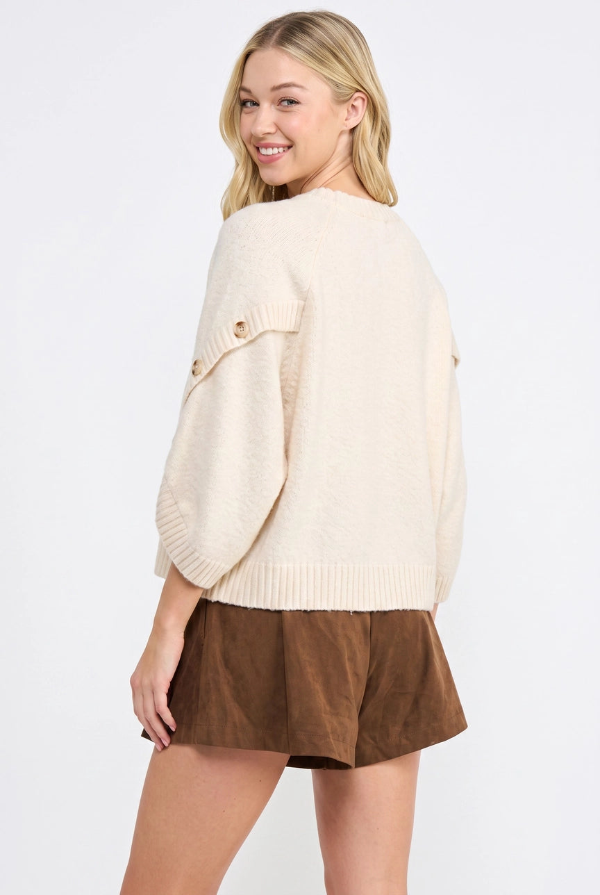 Cream Button Sleeve Knit Pullover