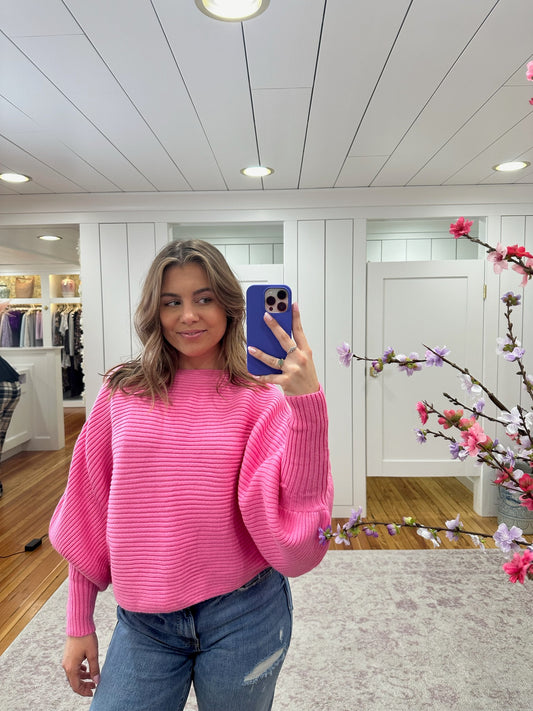 Hot Pink Long Sleeve Bateau Neck Sweater