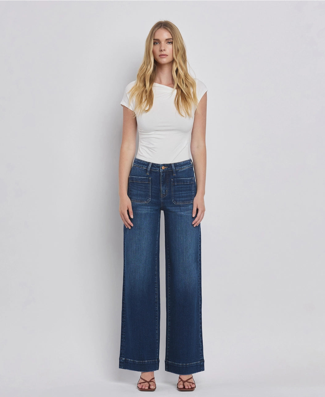 High Rise Patch Pocket Trouser Hem Wide Jeans