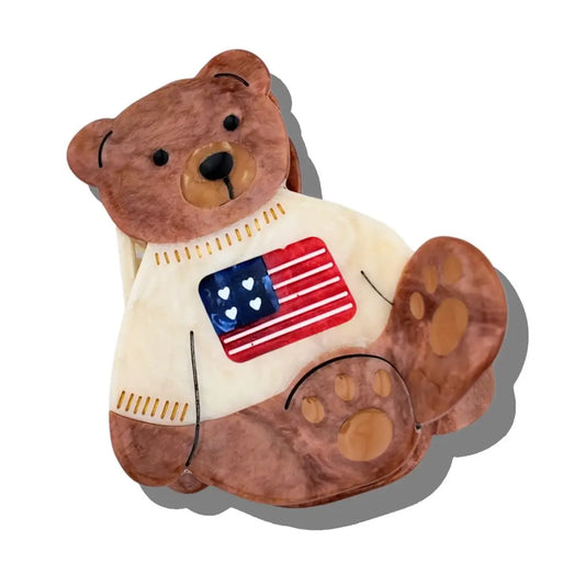 Hand-Painted Americana Teddy Bear Claw Hair Clip