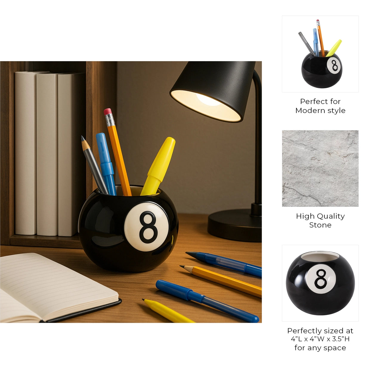 Pencil Cup - Black/White Ceramic Modern Round 8-Ball