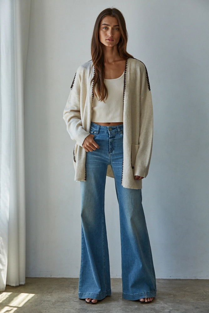 Contrast Stitch Open Cardigan