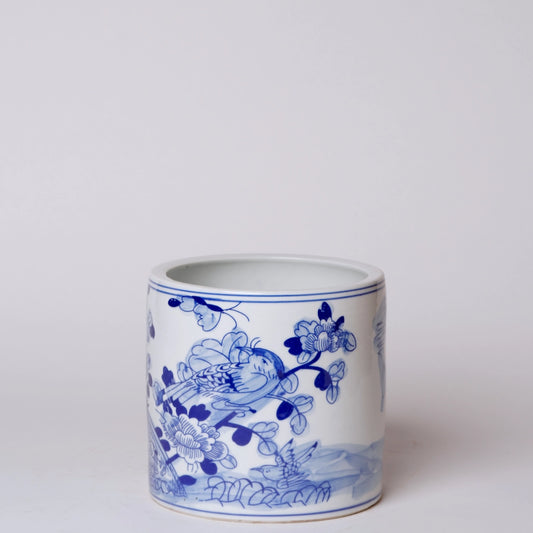 Small Blue and White Porcelain Bird and Flower Cachepot