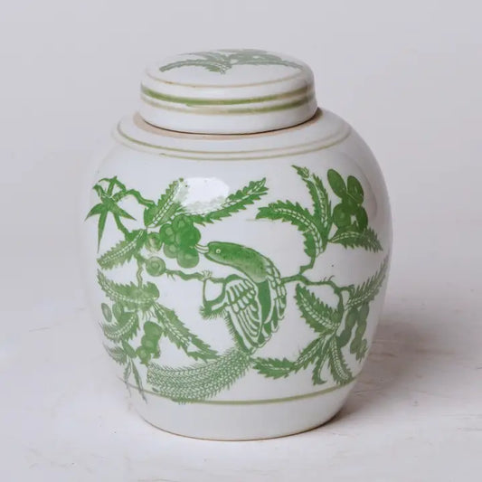 Green and White Porcelain Bird and Flower Round Jar