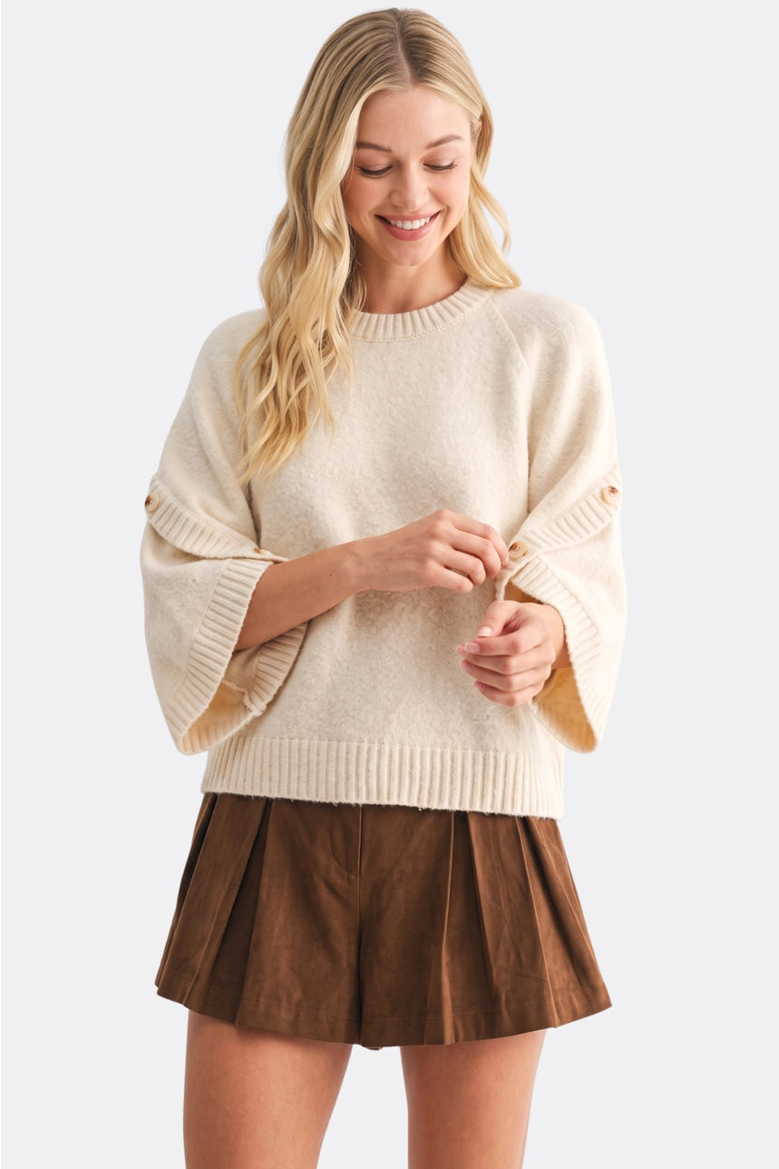 Cream Button Sleeve Knit Pullover
