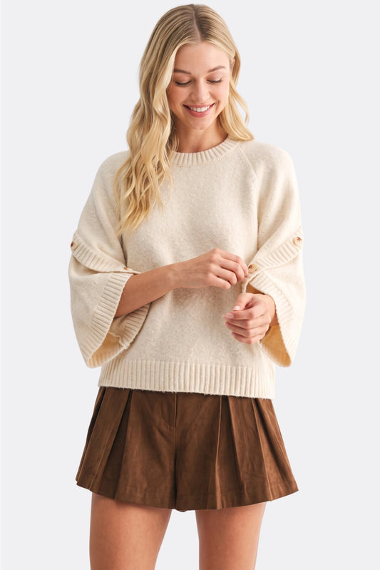 Cream Button Sleeve Knit Pullover