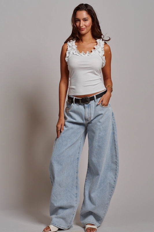 Ruffle Trim Top In White