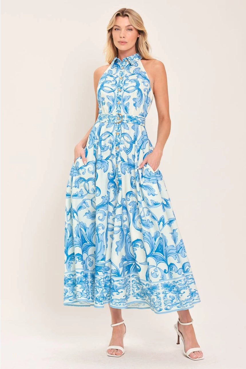 Printed Maxi Dress In Off White Blue