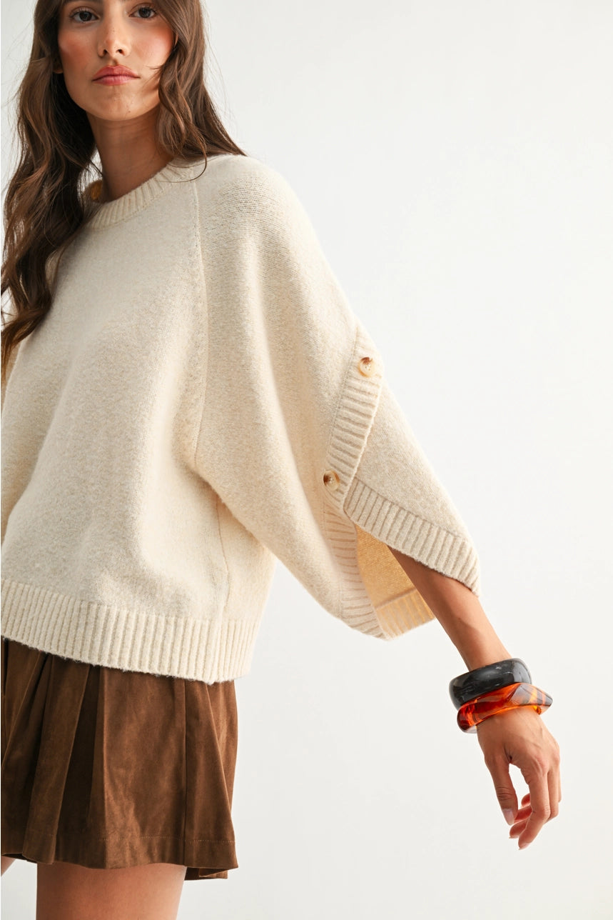 Cream Button Sleeve Knit Pullover