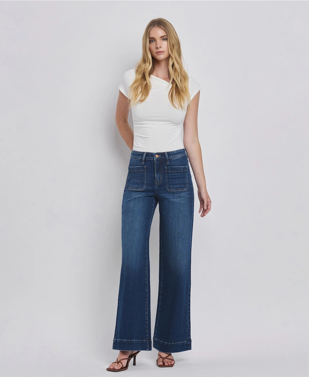 High Rise Patch Pocket Trouser Hem Wide Jeans