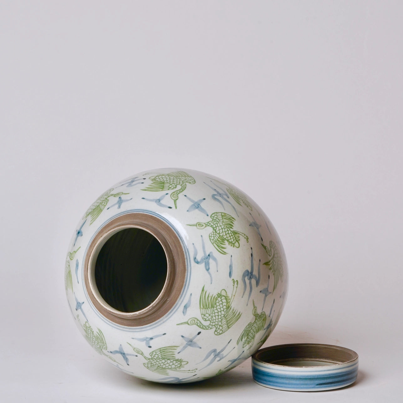 Blue and Green Porcelain Cranes and Clouds Round Storage Jar