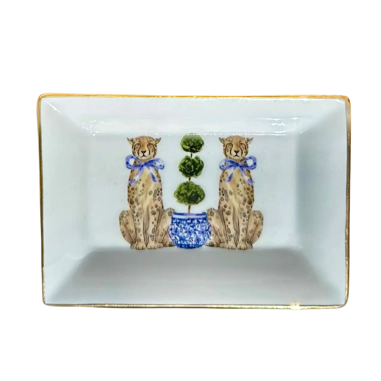 Chinoiserie Porcelain Trinket Tray w/ Leopards and Topiary
