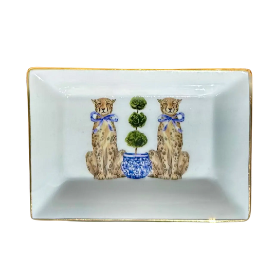 Chinoiserie Porcelain Trinket Tray w/ Leopards and Topiary