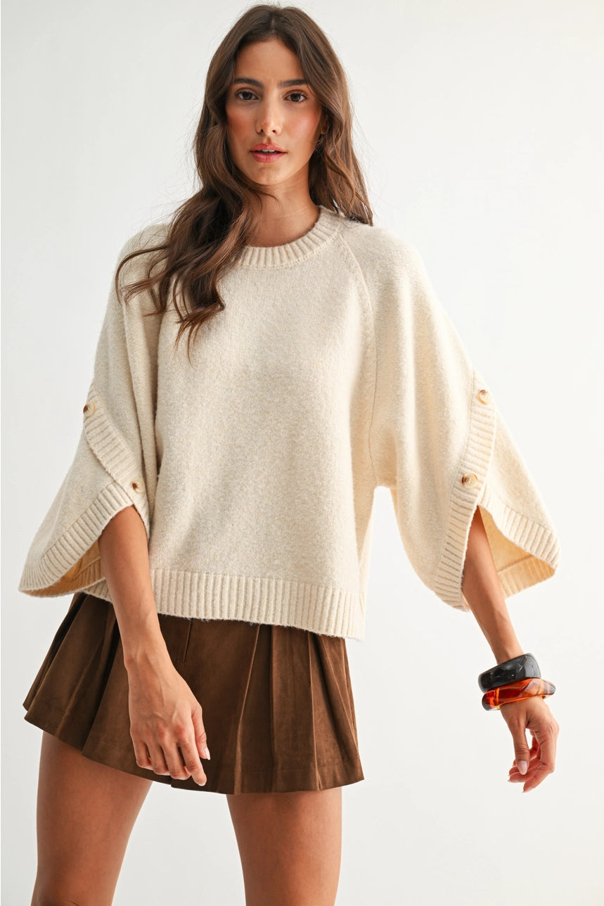 Cream Button Sleeve Knit Pullover