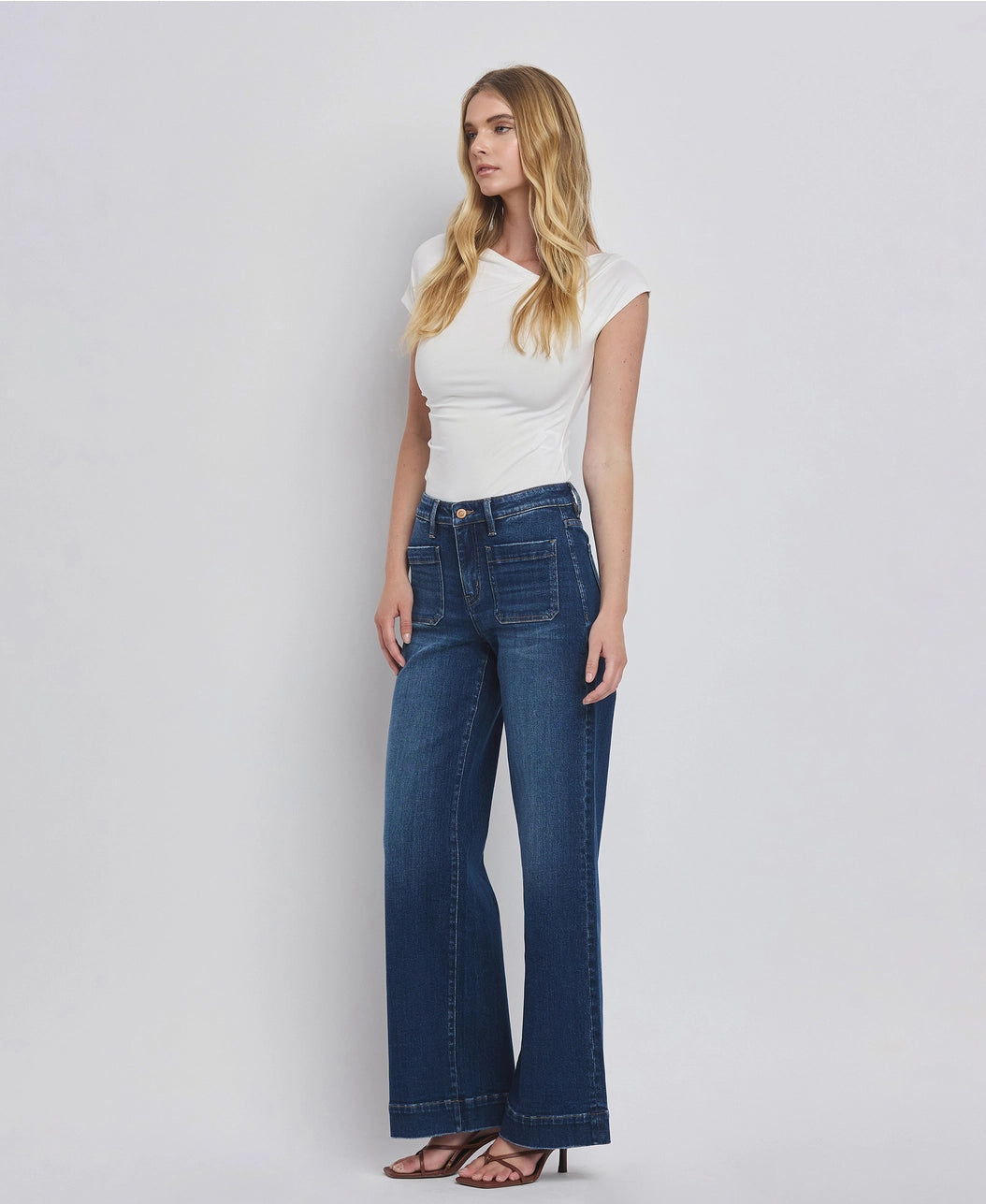 High Rise Patch Pocket Trouser Hem Wide Jeans