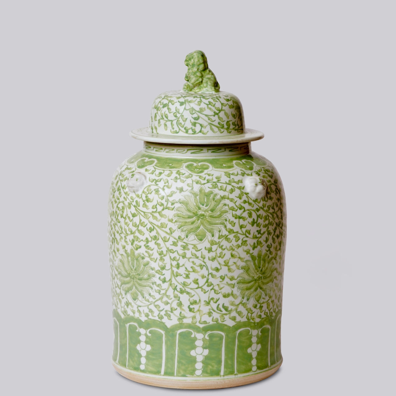 Green and White Porcelain Scrolling Lotus Temple Jar