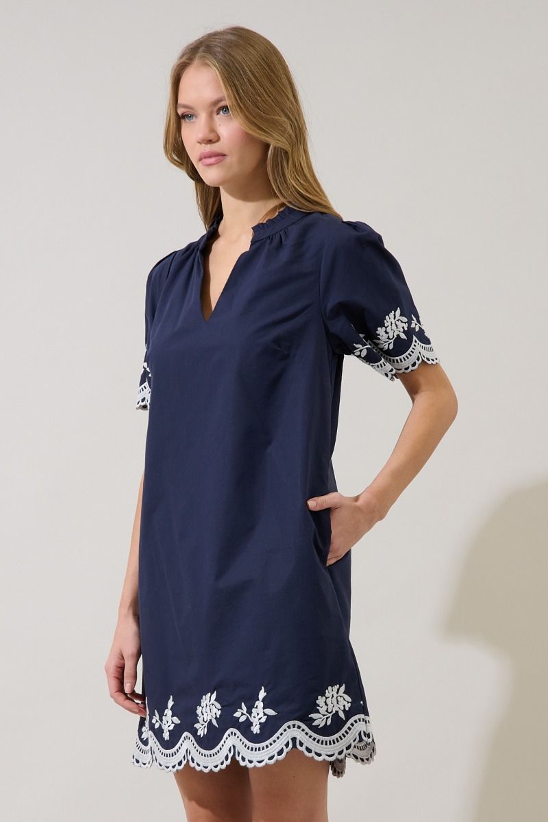 Navy Embroidered Shift Mini Dress