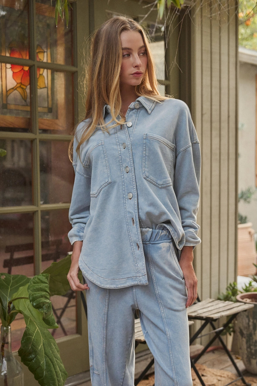Oversized Acid Wash Cotton Button Down Shirt