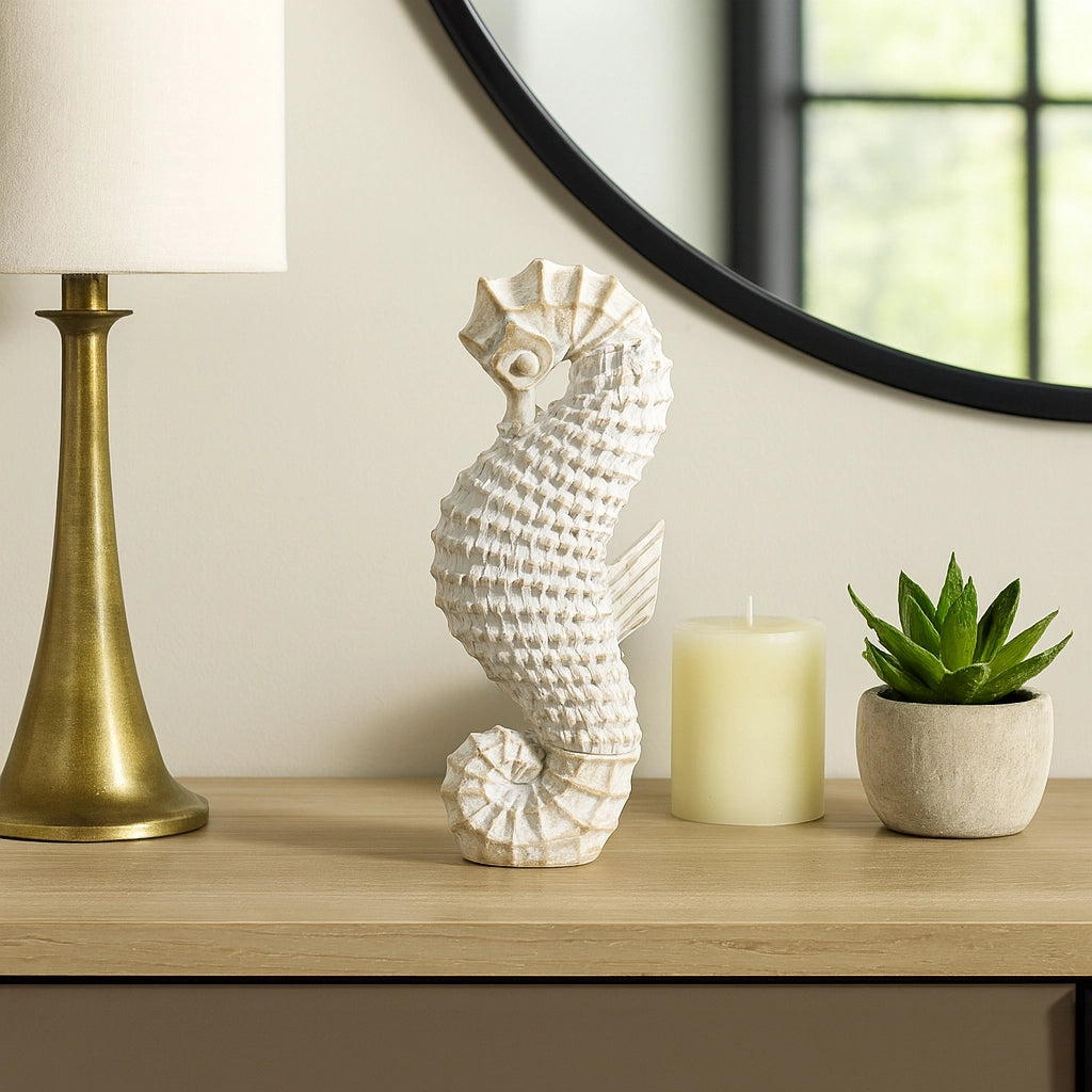 Ivory Resin Wicker Coastal Seahorse