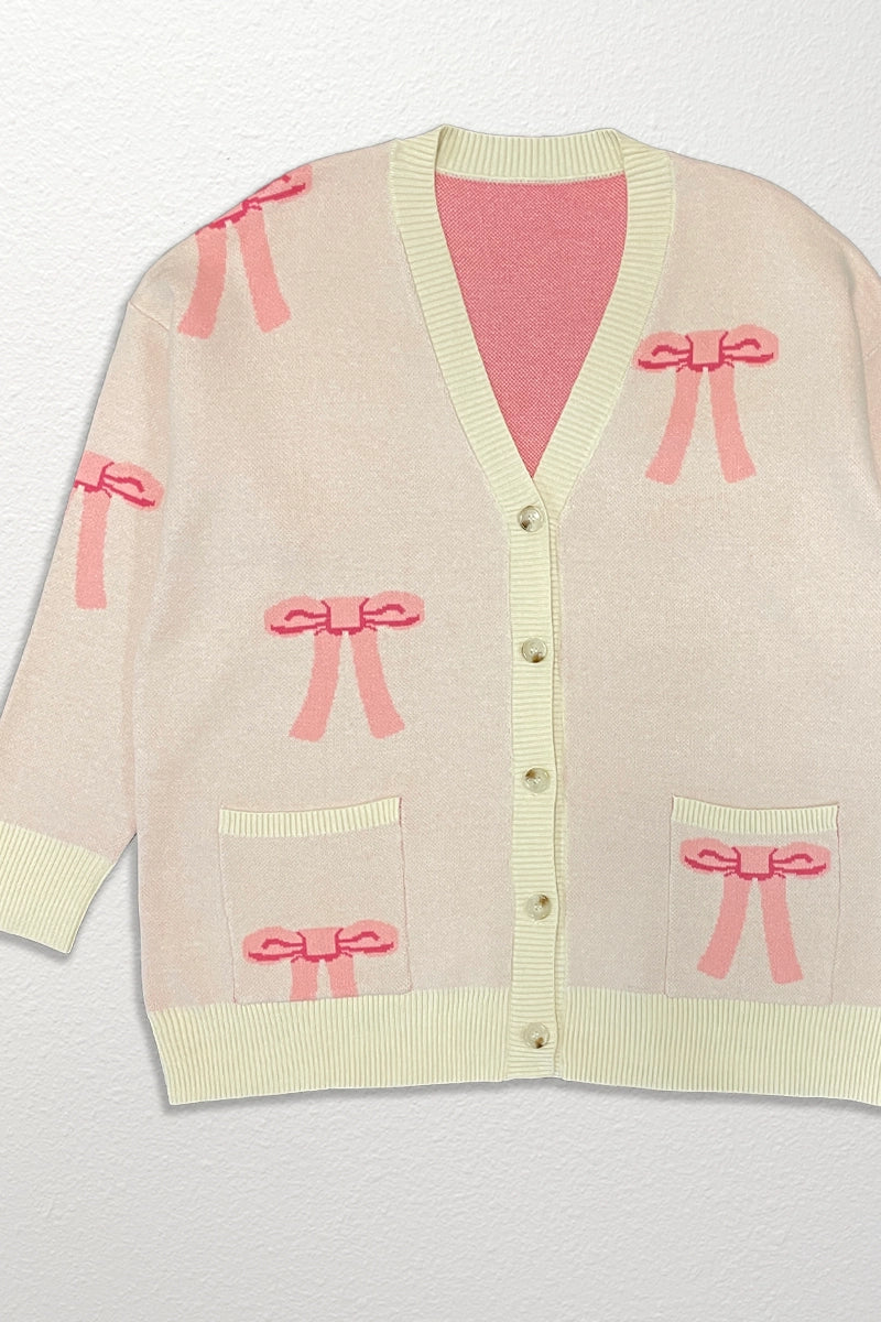 Pink All Over Bow Knit Sweater Cardigan