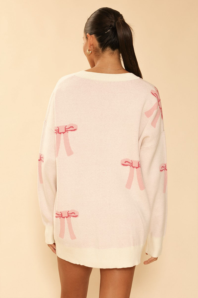 Pink All Over Bow Knit Sweater Cardigan