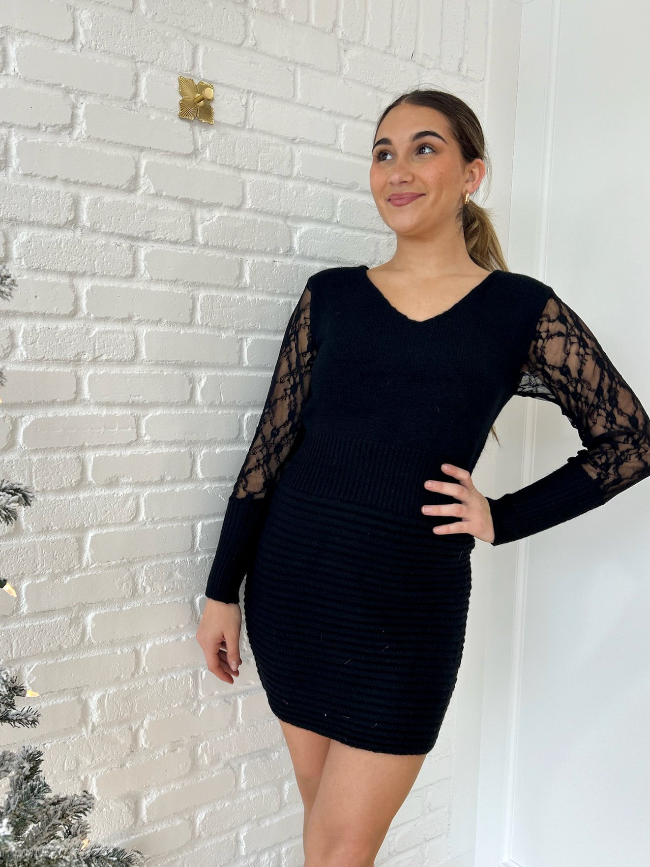 Black Lace Sleeve Knitted Sweater Dress