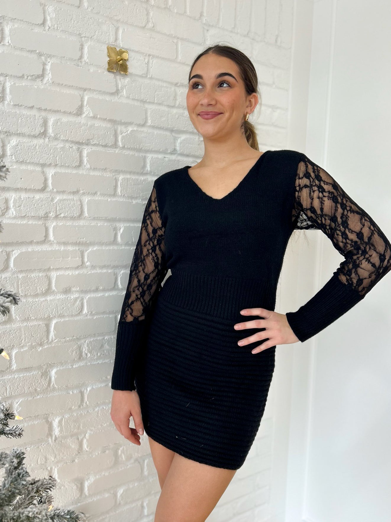 Black Lace Sleeve Knitted Sweater Dress