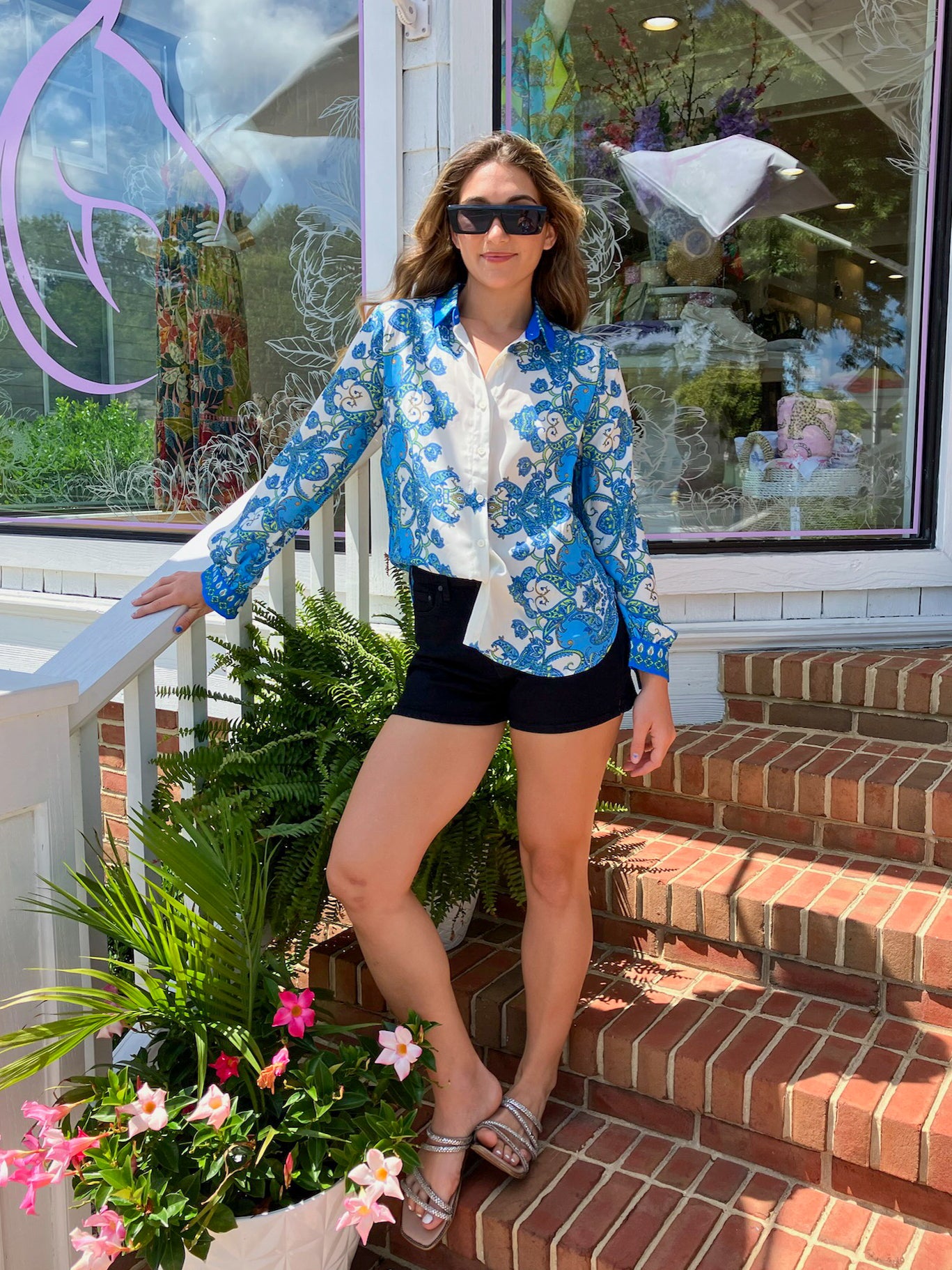 Blue & White Floral Button Down Blouse