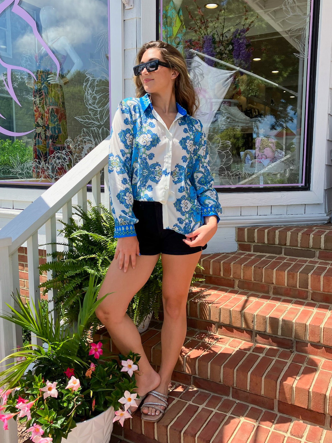 Blue & White Floral Button Down Blouse