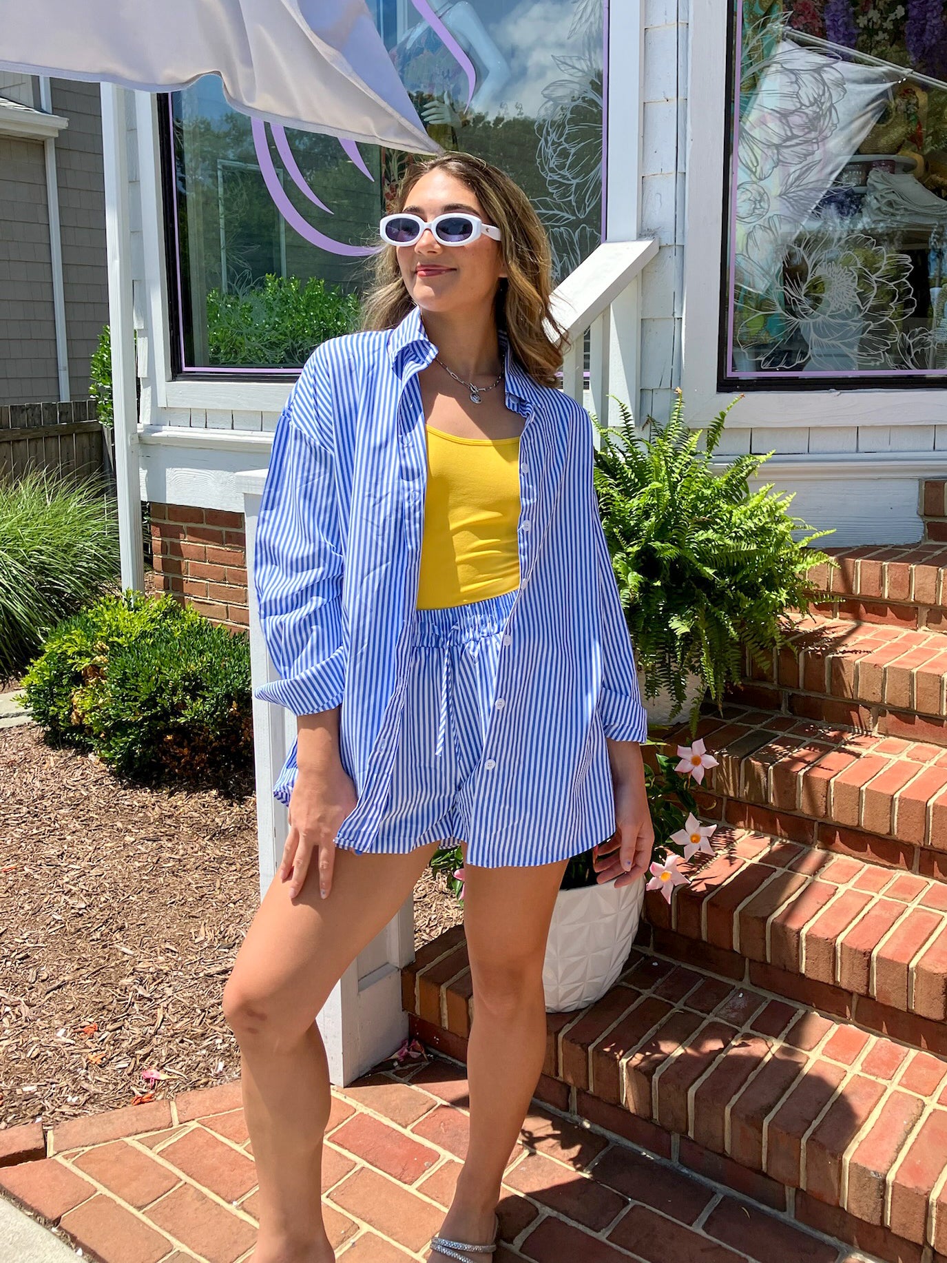 Blue and White Striped Button Up Top and Shorts Outfit Set