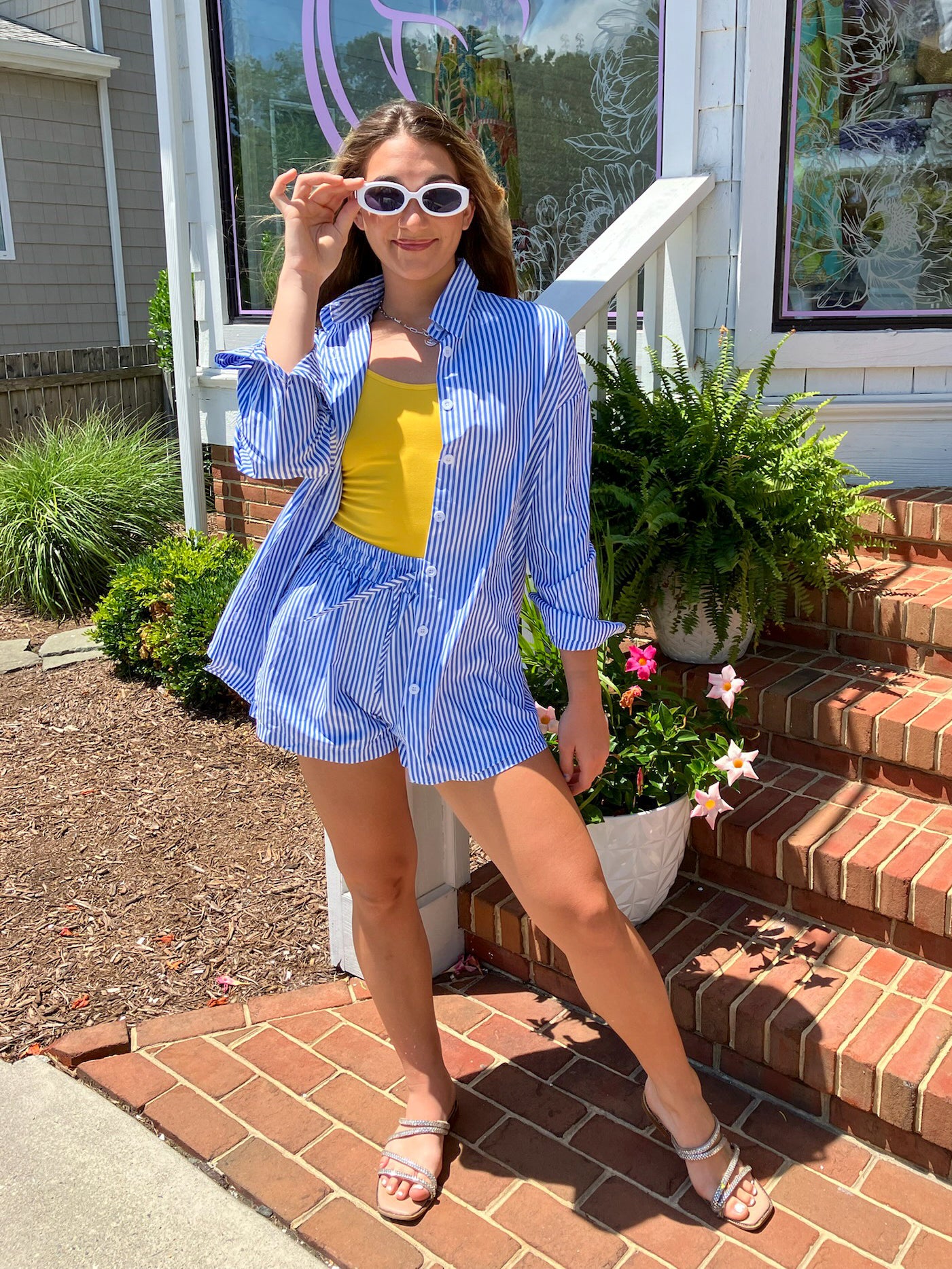 Blue and White Striped Button Up Top and Shorts Outfit Set