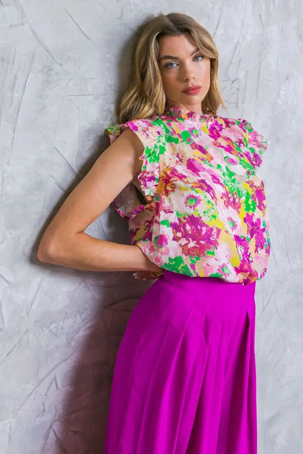 Bright Floral High Neck Ruffled Blouse