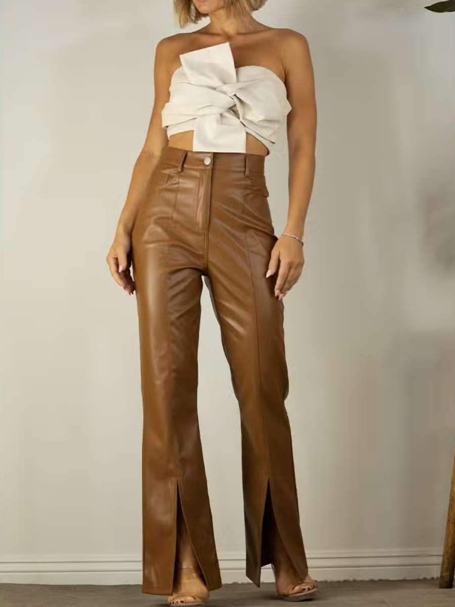 Brown Faux Leather Front Slit Flare Pants