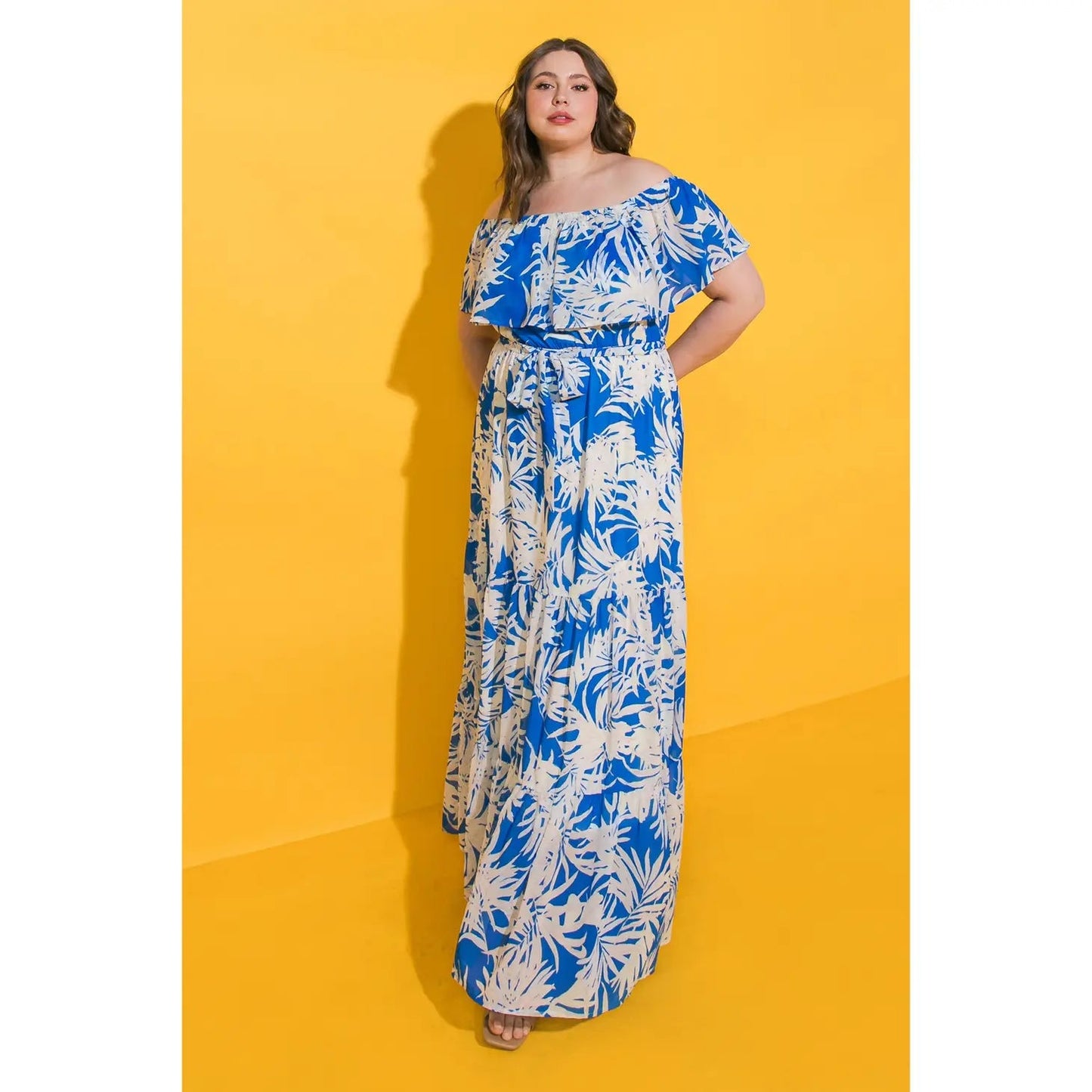 Blue Tropical Curvy Fit Off the Shoulder Maxi Dress