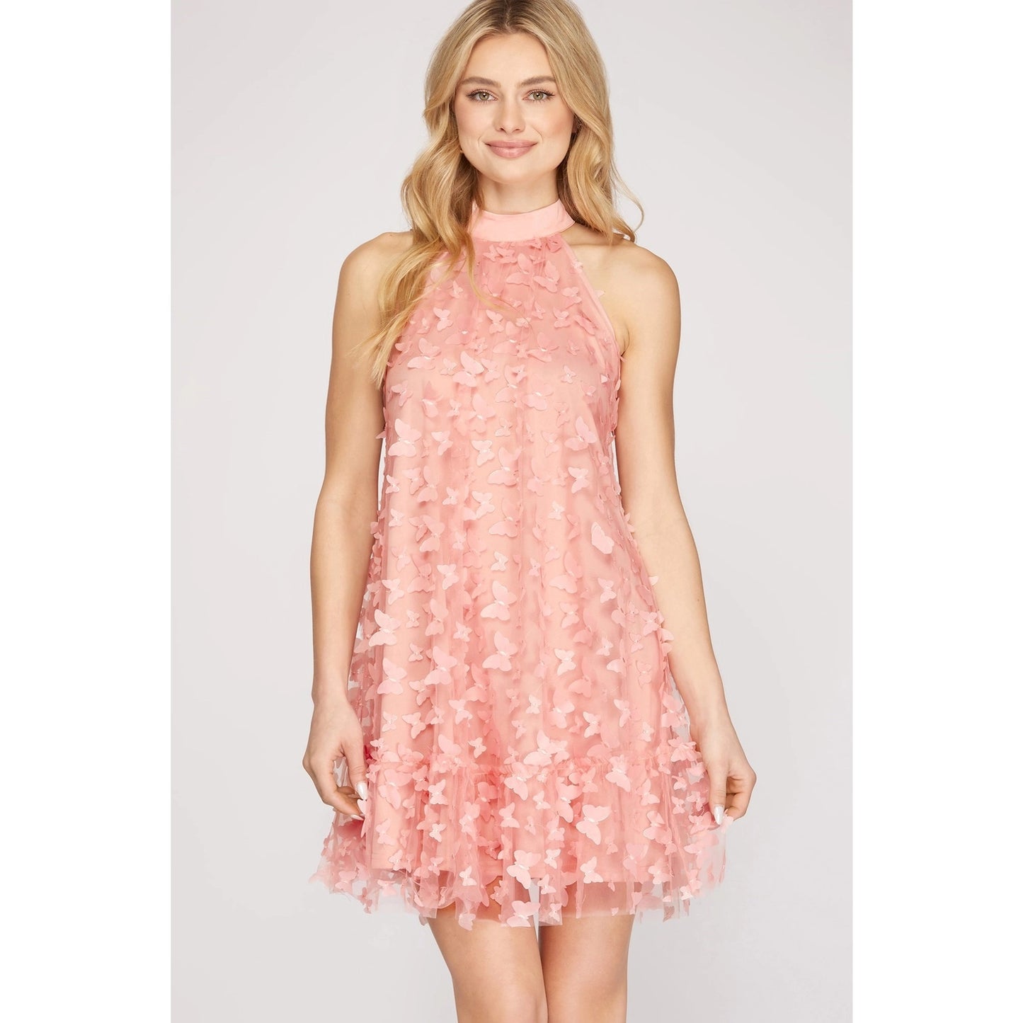 Pink Butterfly Mesh Halter Mini Dress