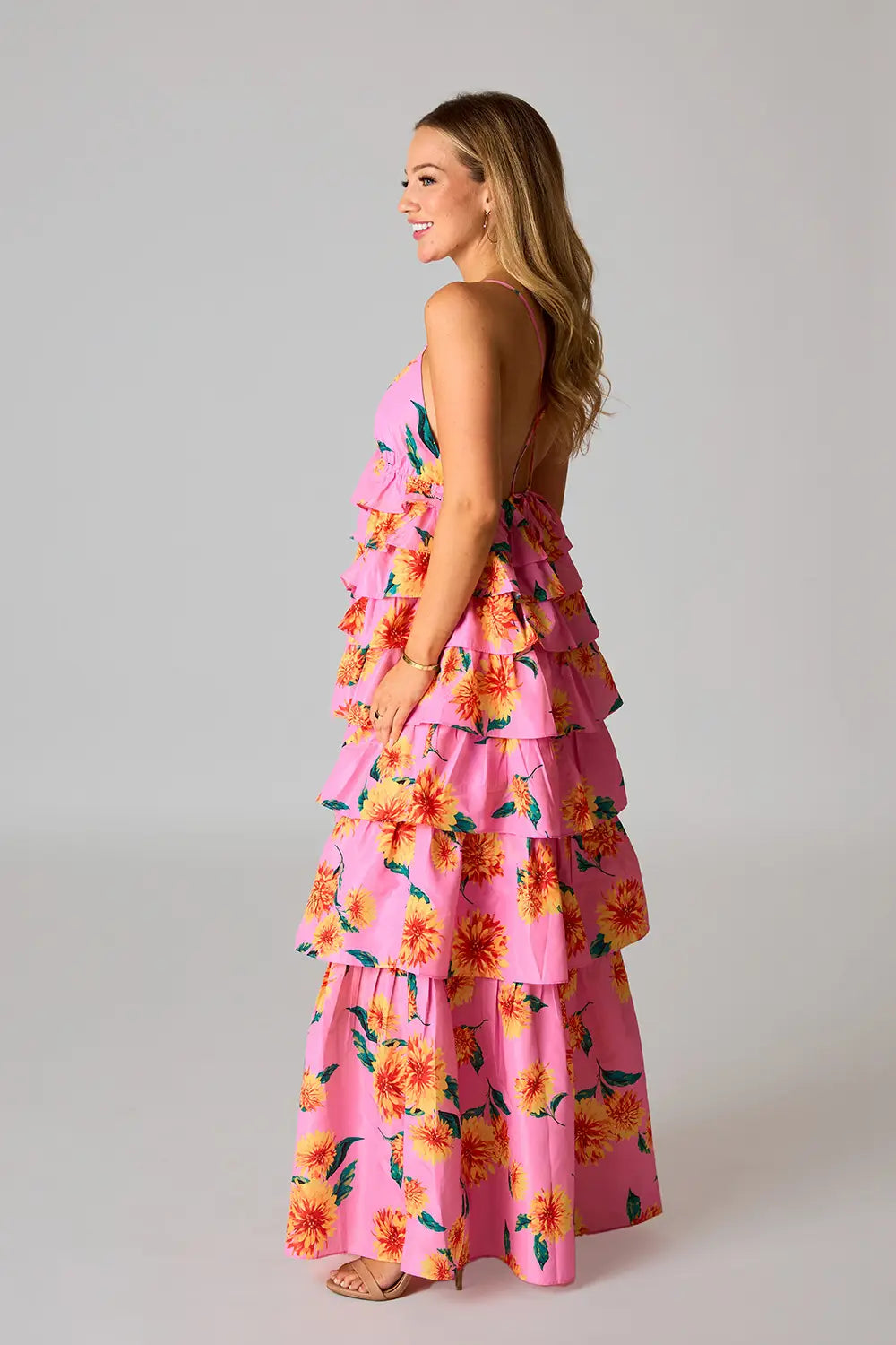 Pink Sunflower Ruffle Tiered Maxi Dress