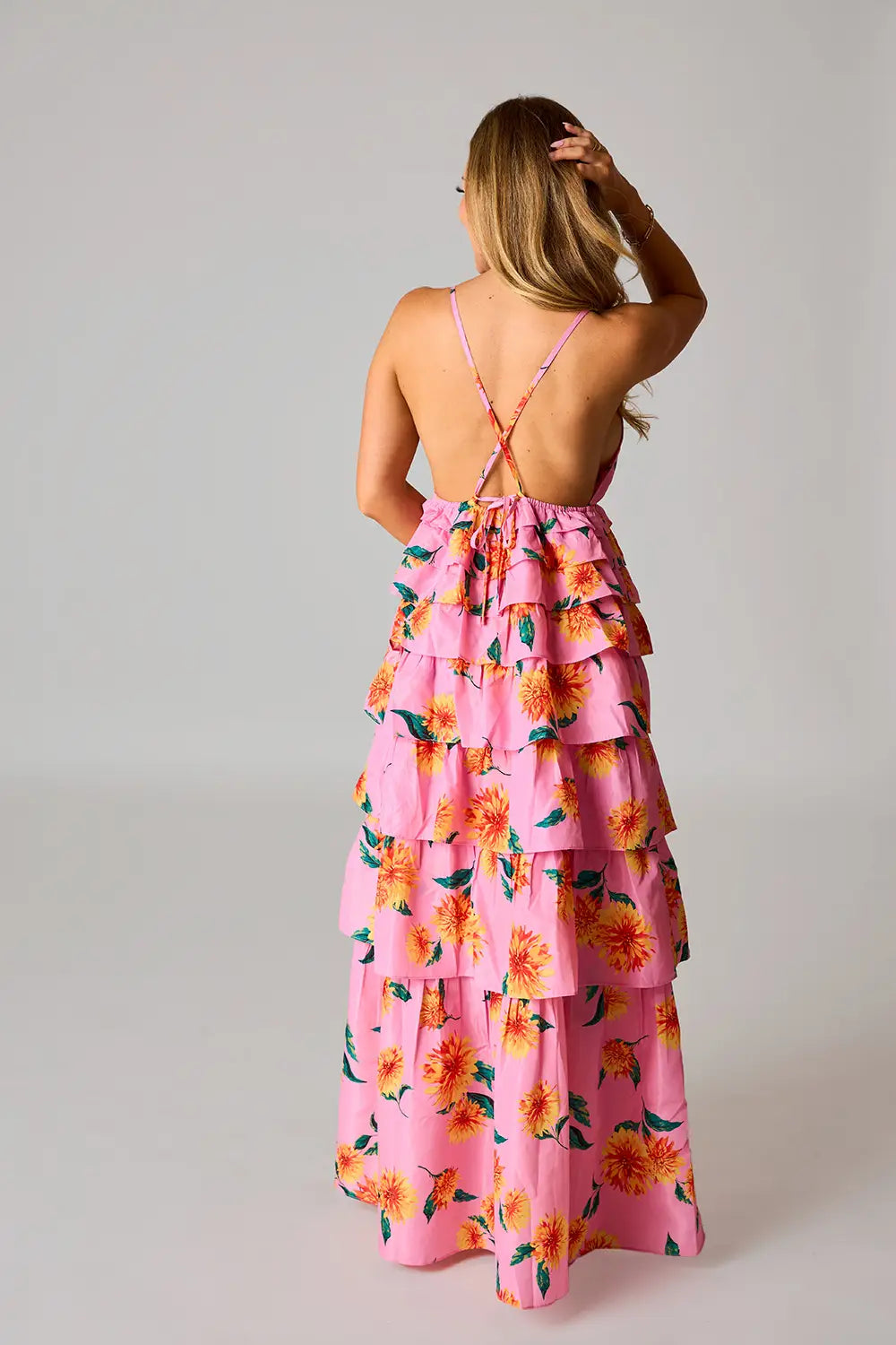Pink Sunflower Ruffle Tiered Maxi Dress