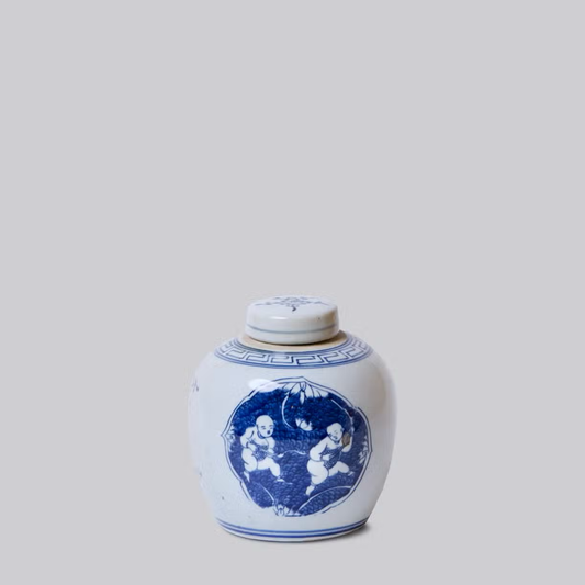 Cavorting Children Blue and White Lidded Round Storage Jar