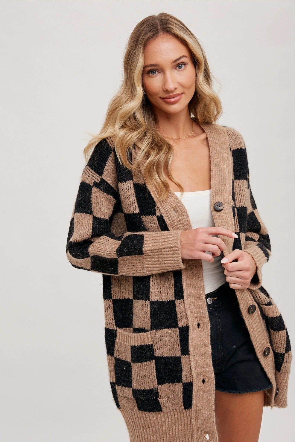Brown Checkered Sweater Cardigan