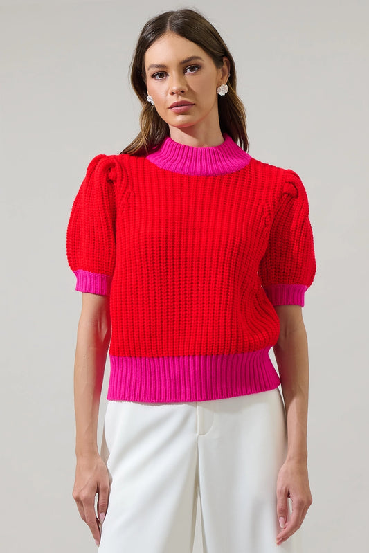 Red and Fuchsia Color Block Sweater Top